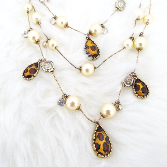Betsey Johnson Triple Strand Necklace Faux Pearls Animal Print Rhinestone - Picture 6 of 9